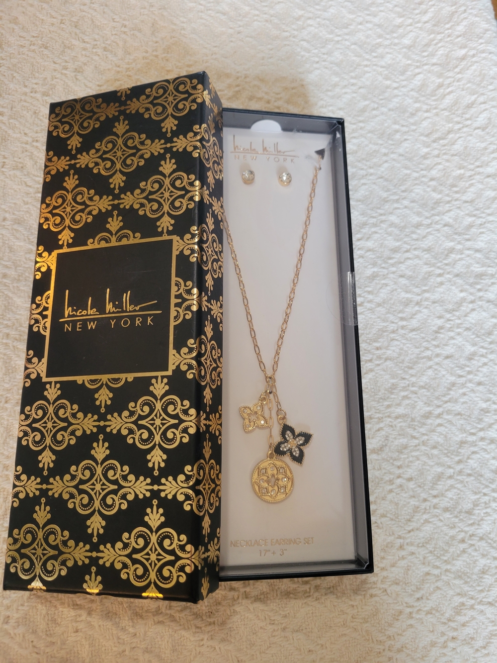 Nicole Miller Gold and Black Floral Charm Necklace & Stud Earring Set